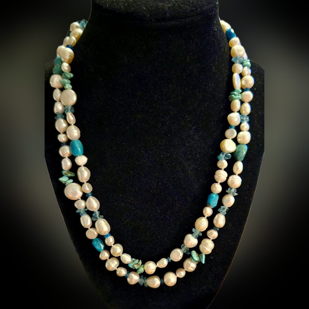 Honora 925 Pearl, Blue Topaz, & Turquoise Necklace NWT (40 inches) - Picture 3 of 7